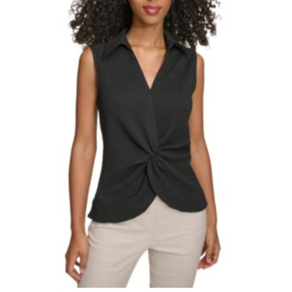 INC Women's Sleeveless TwistFront Collared Shirt Top Black S